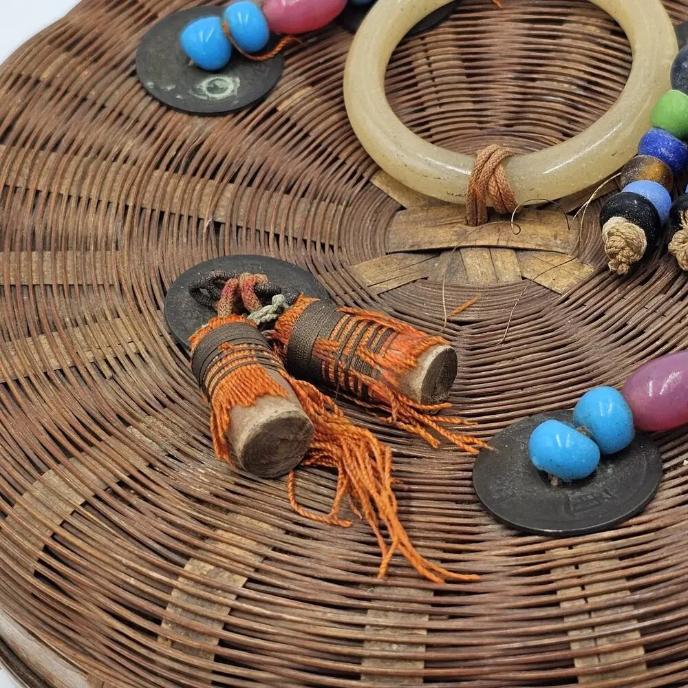 VTG 1950s Chinese Wicker Bamboo Sewing Basket w Colorful Beads Jadeite Tassels